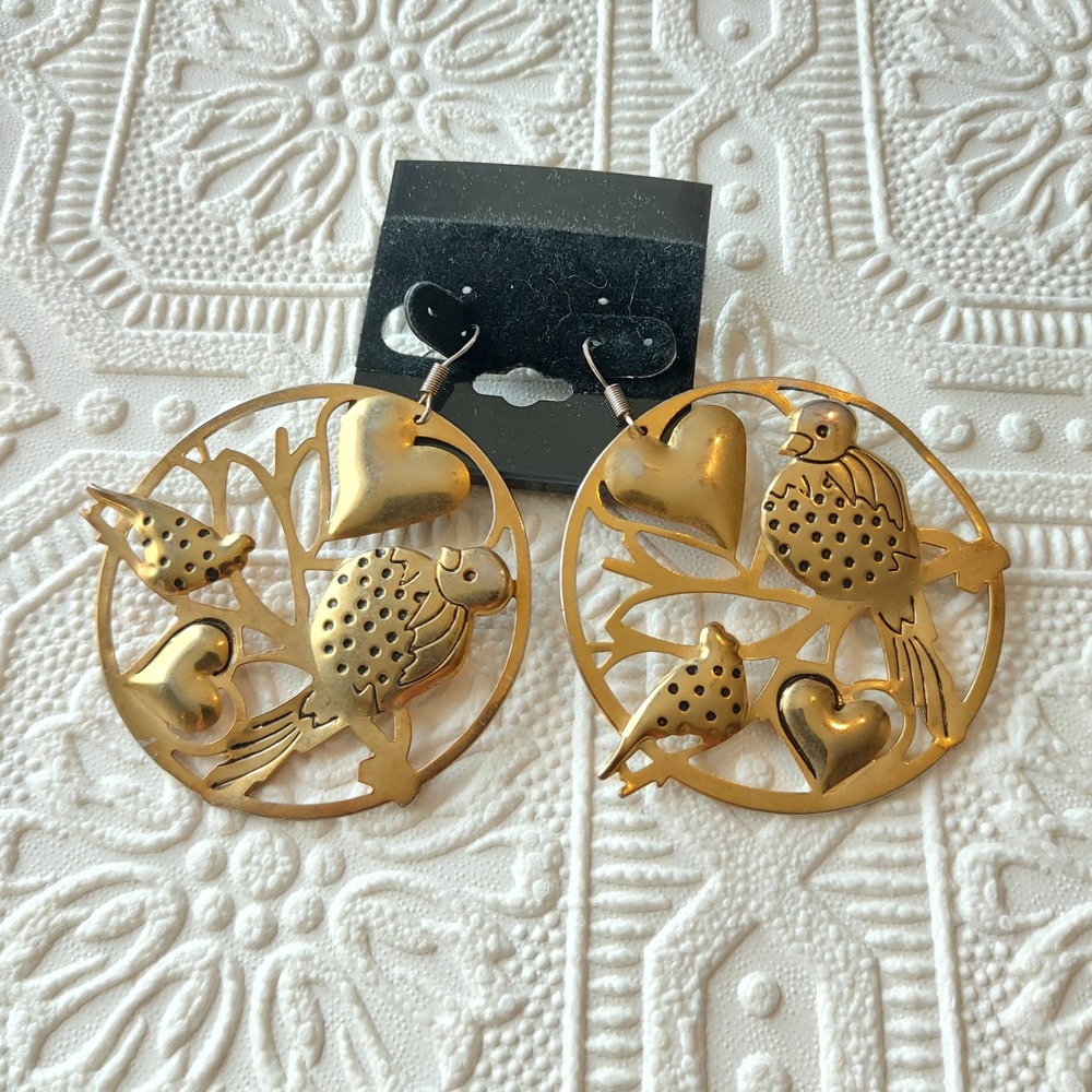 Vintage Gold Tone Bird and Heart Branch Round Drop Statement Earrings 2.5 Inch